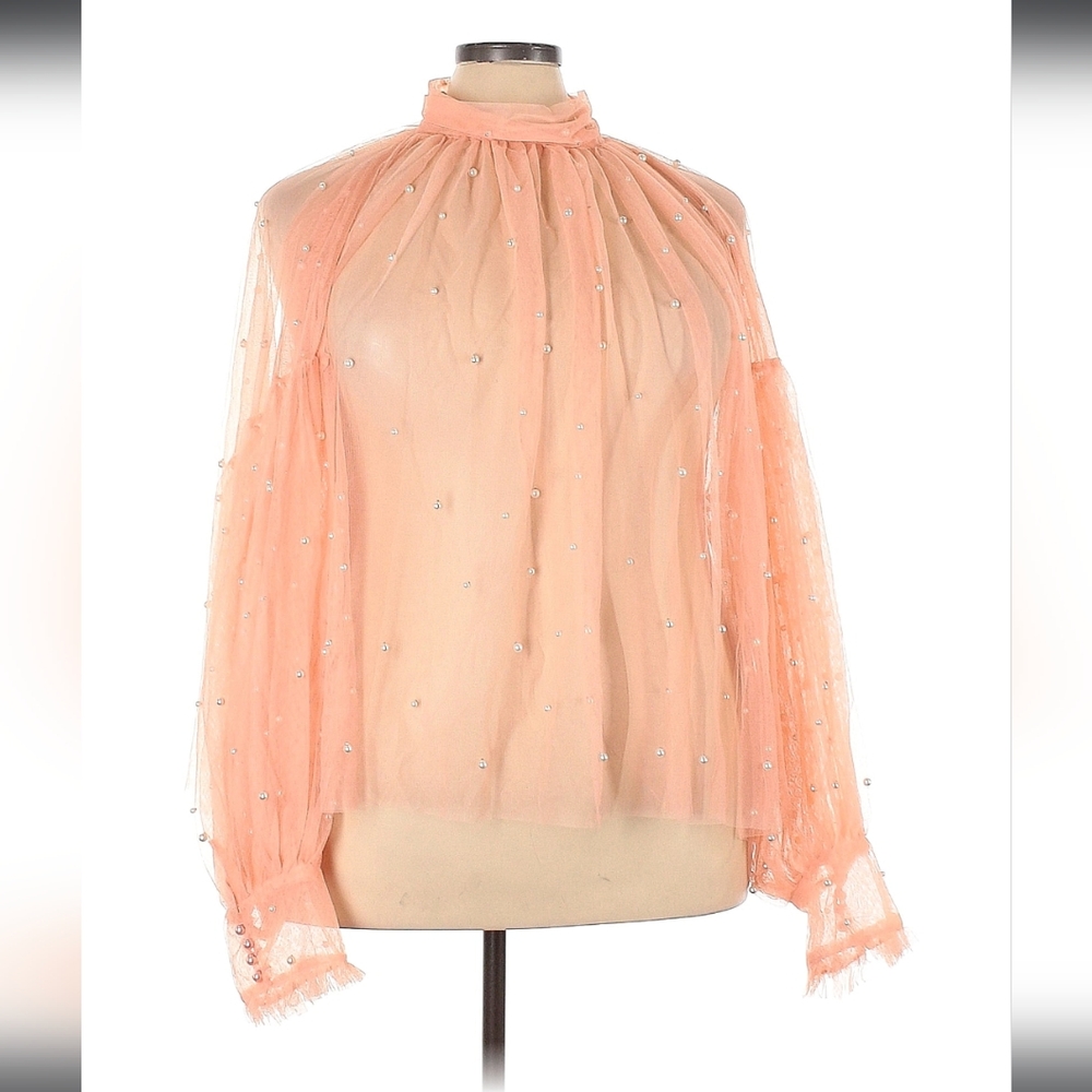 NWT Jay & Ash Peach Sheer Blouse with Pearl Embellishments